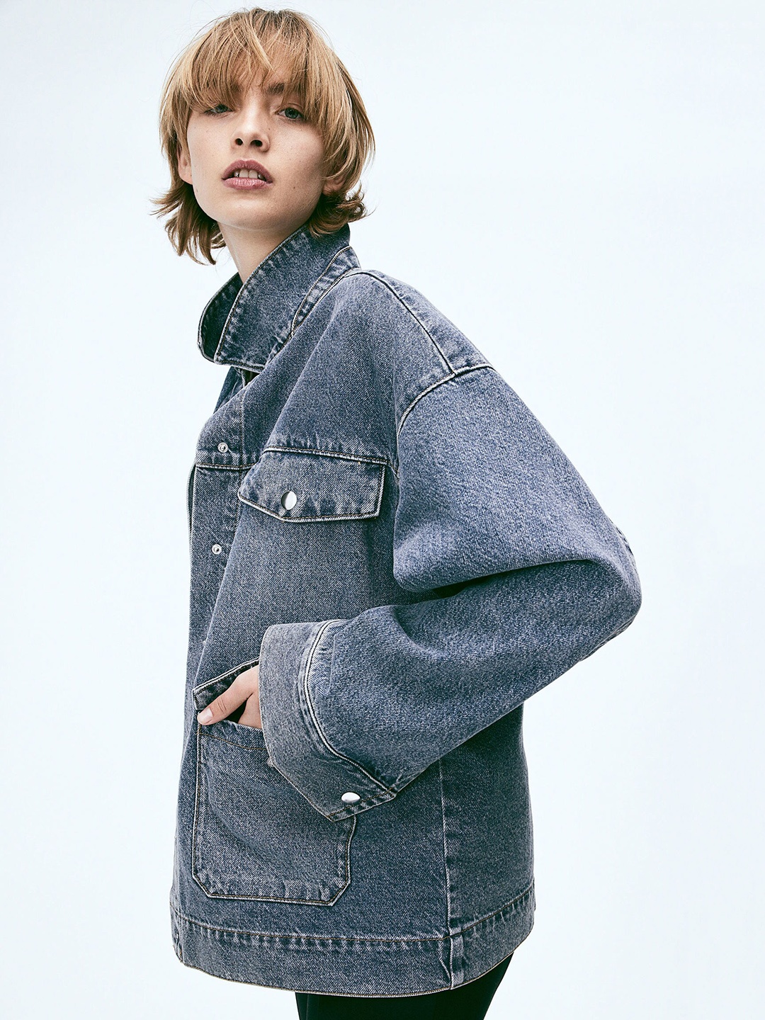 

H&M Loose-Fit Pure Cotton Denim Shacket, Blue