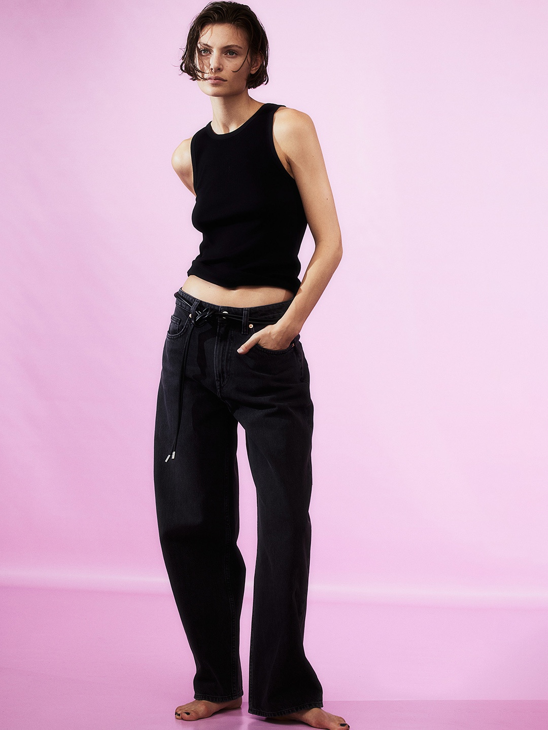 

H&M Women Pure Cotton Baggy High Jeans, Black