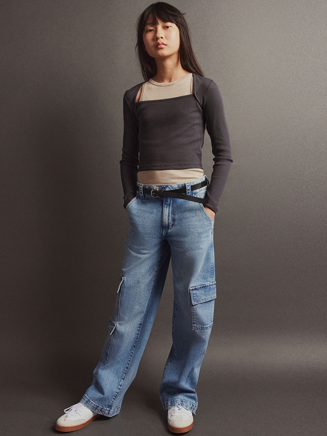 

H&M Girls Loose Fit Wide Leg Cargo Jeans, Blue