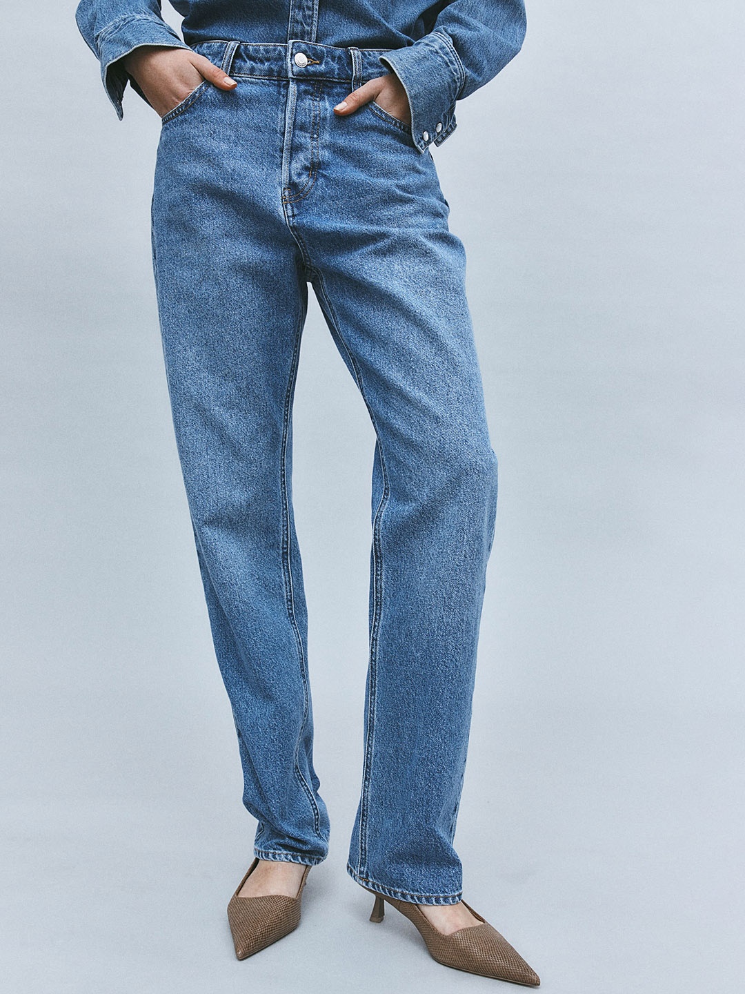 

H&M Women Straight Pure Cotton High Jeans, Blue
