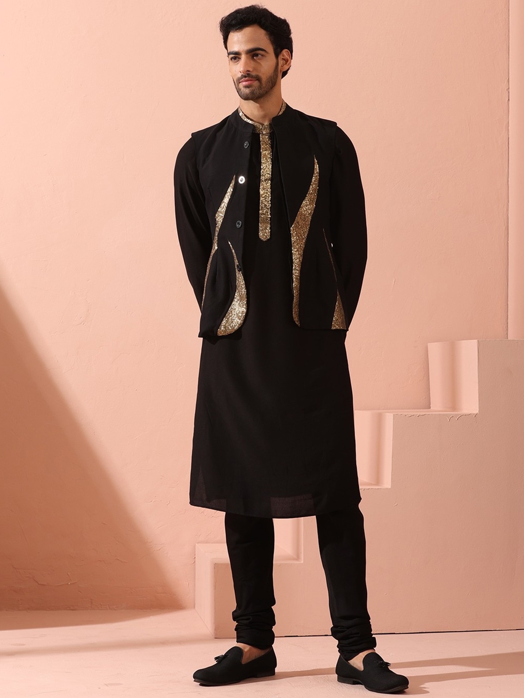 

Swtantra Embellished Mandarin Collar Nehru Jacket, Black