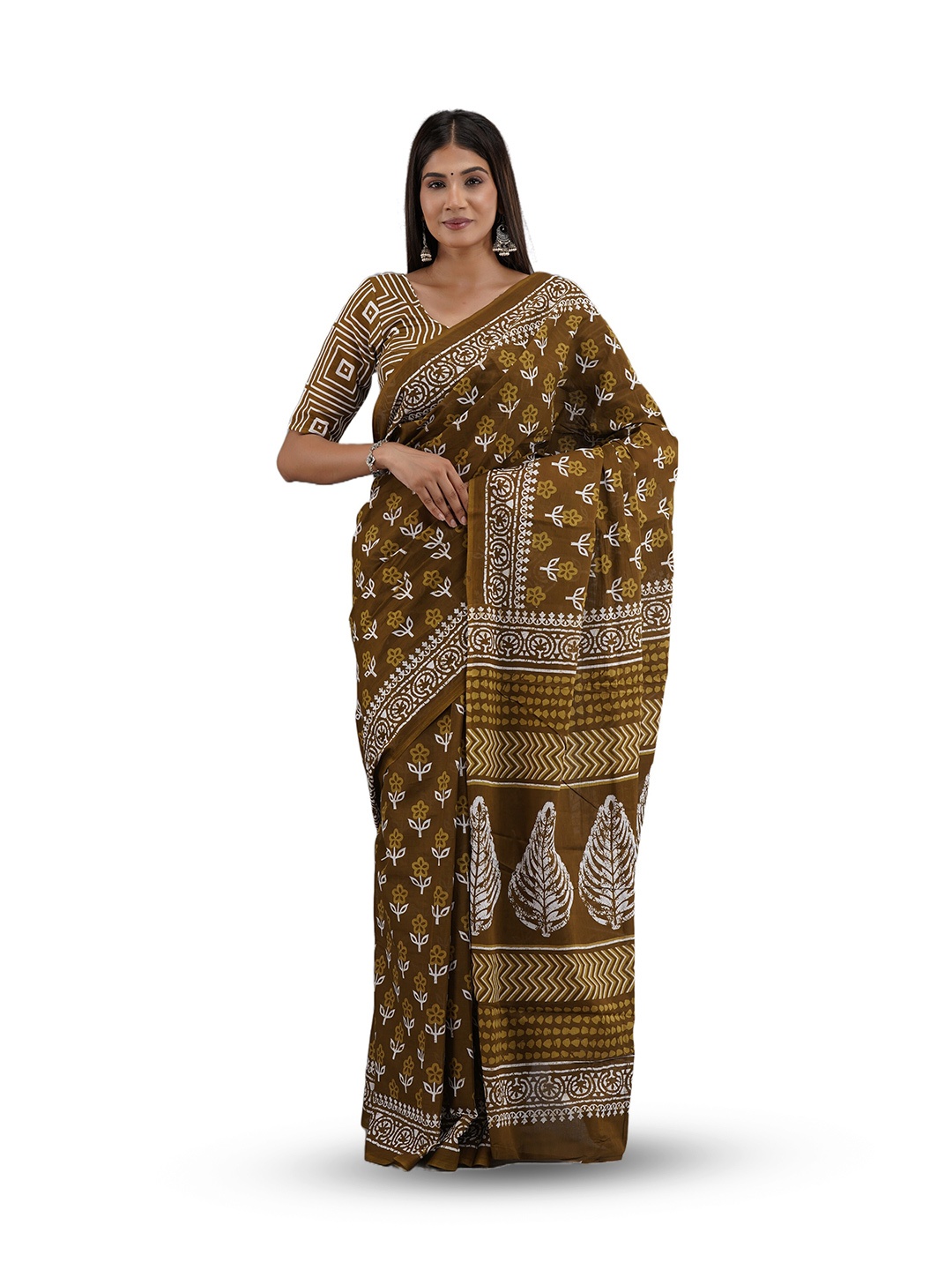 

GK FASHION Ethnic Motifs Pure Cotton Block Print Saree, Brown