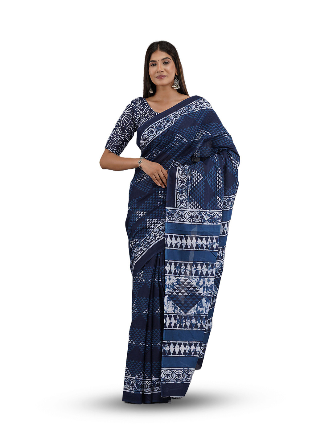 

GK FASHION Floral Pure Cotton Block Print Saree, Navy blue