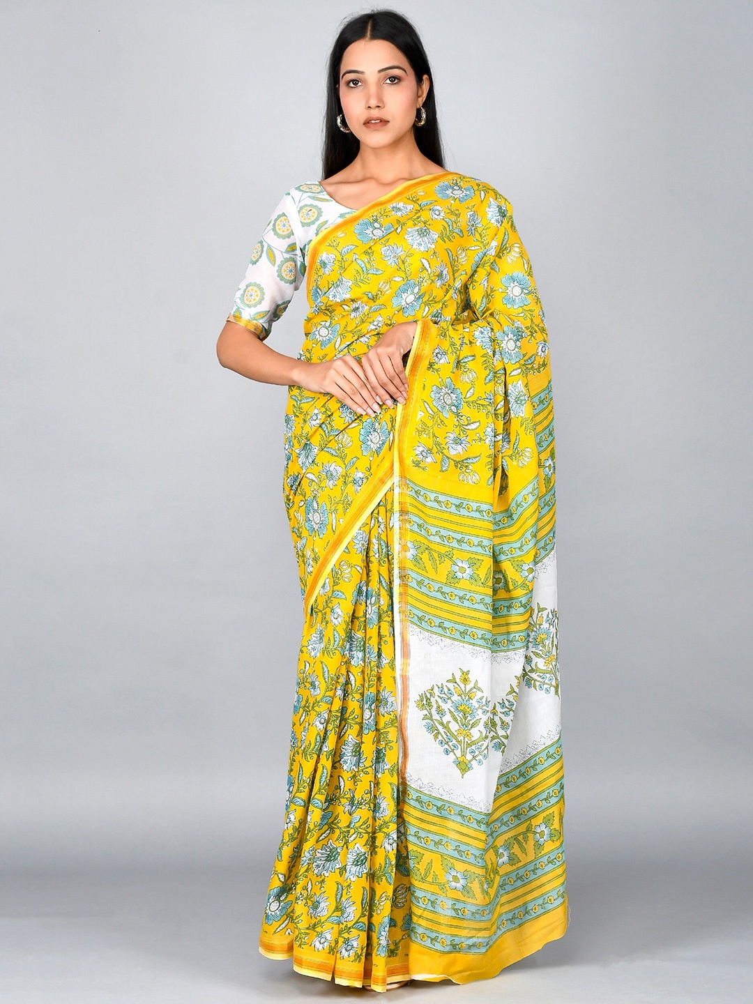 

GK FASHION Floral Printed Pure Cotton Saree, Yellow