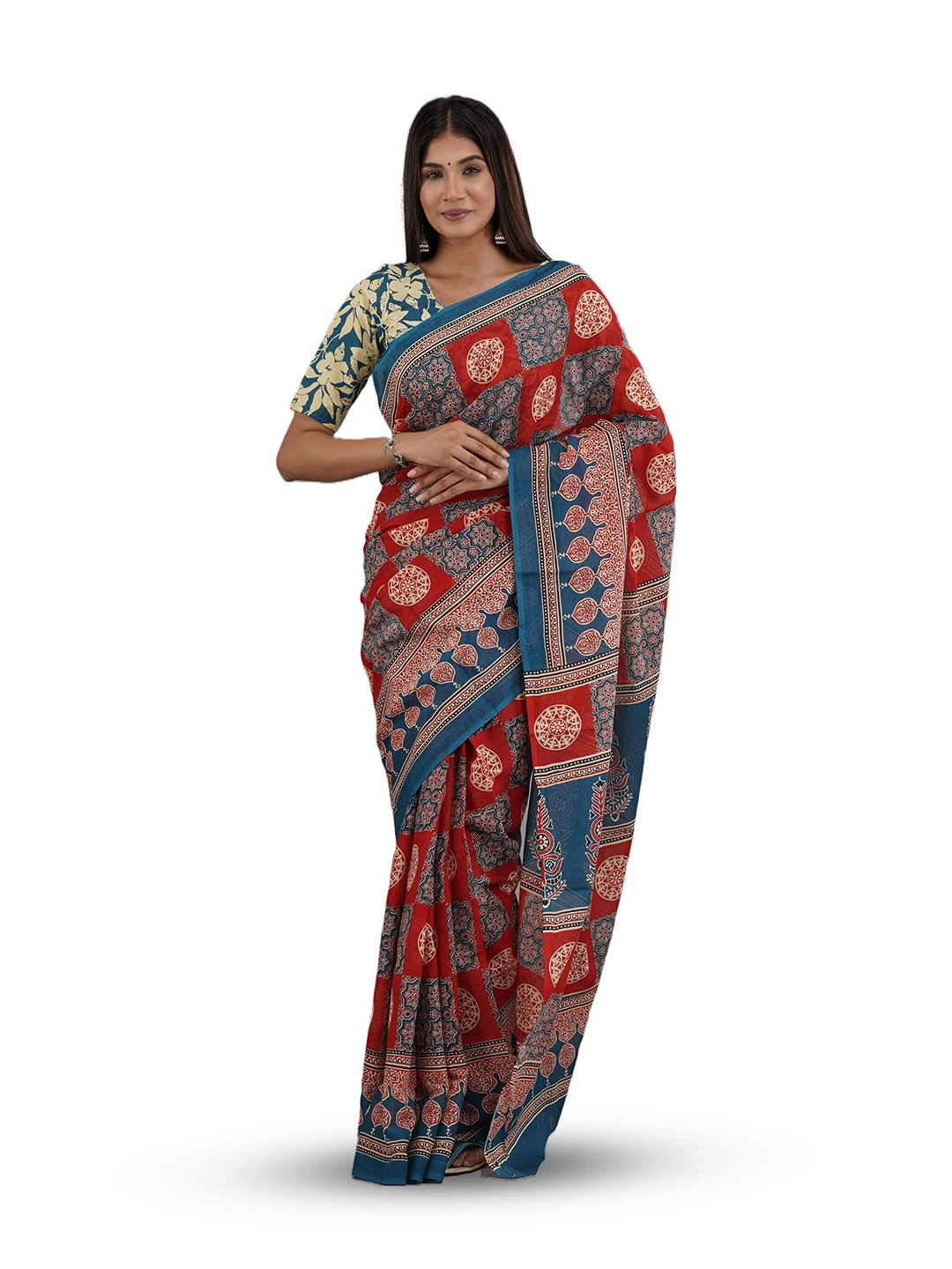 

GK FASHION Ethnic Motifs Pure Cotton Block Print Saree, Blue