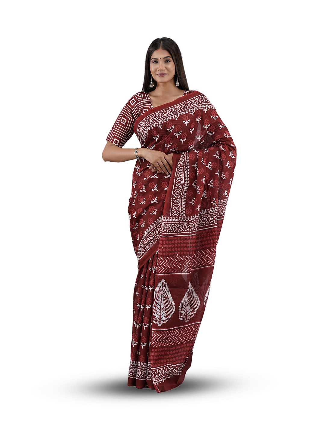 

GK FASHION Geometric Pure Cotton Block Print Saree, Maroon
