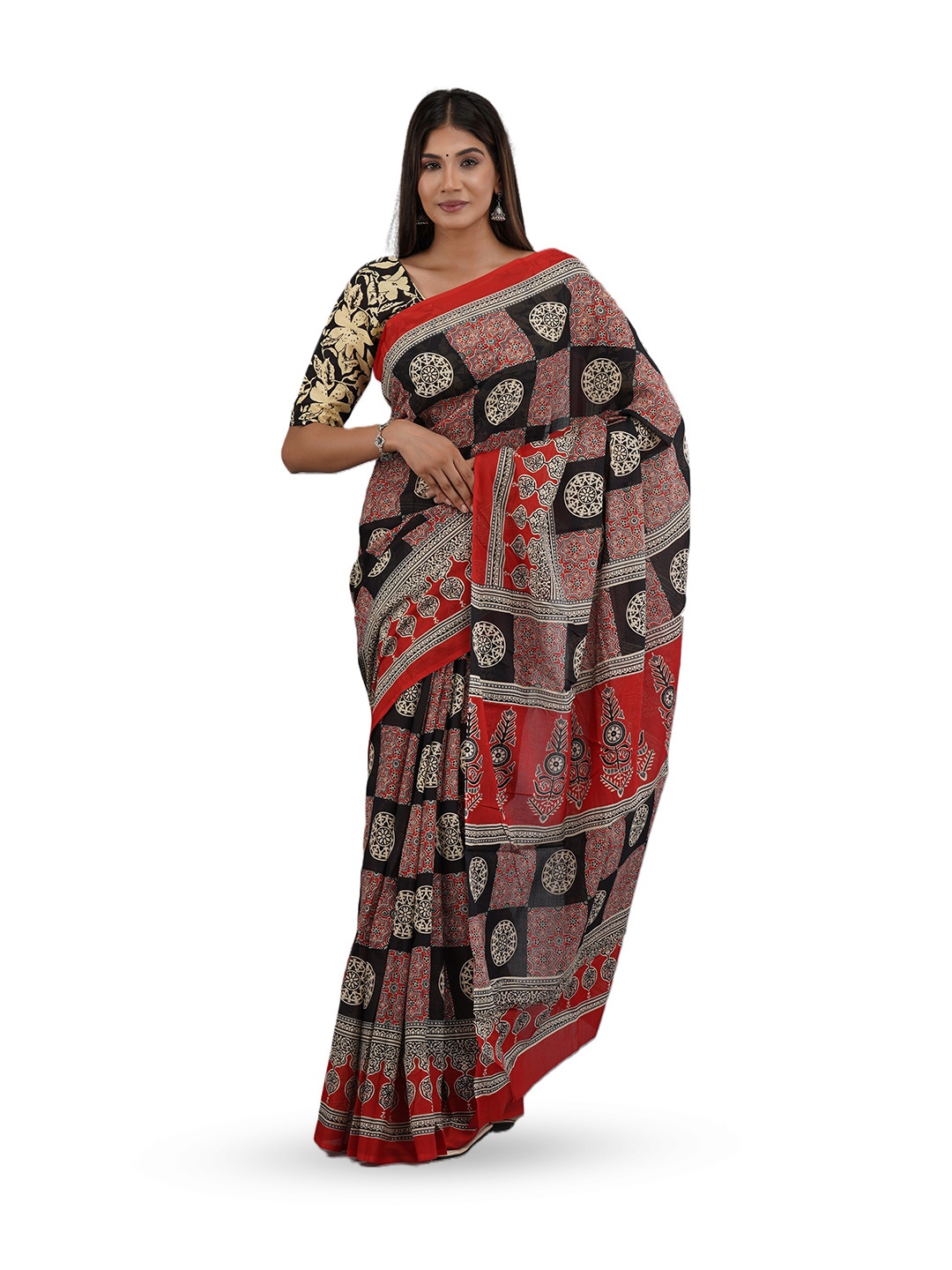 

GK FASHION Ethnic Motifs Pure Cotton Block Print Saree, Red