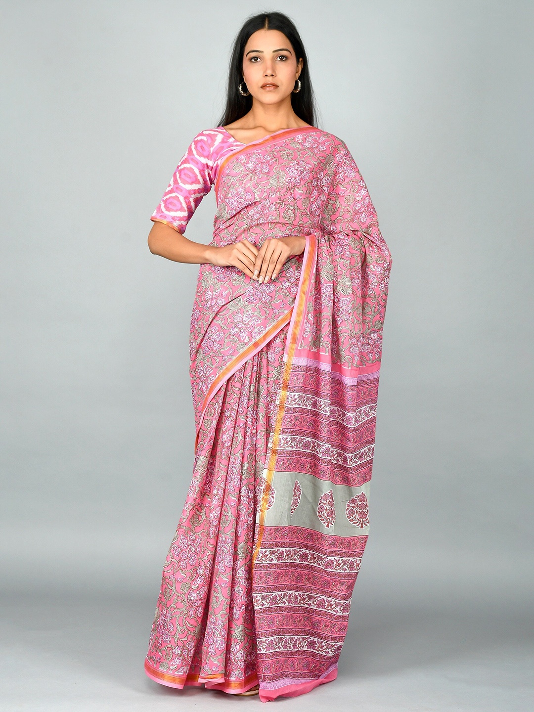 

GK FASHION Ethnic Motifs Printed Pure Cotton Saree, Pink