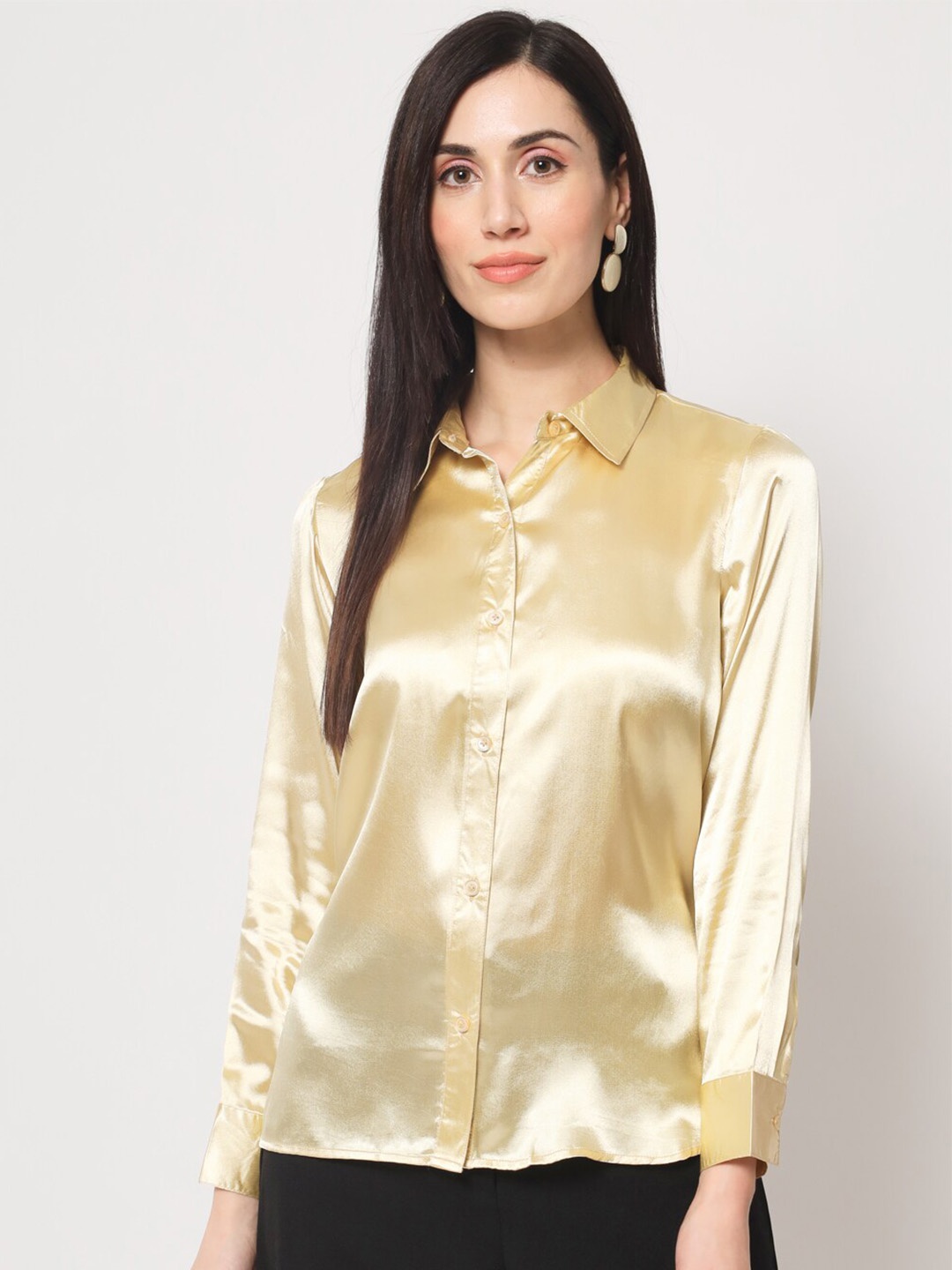 

CHARMGAL Spread Collar Classic Slim Fit Casual Satin Shirt, Gold