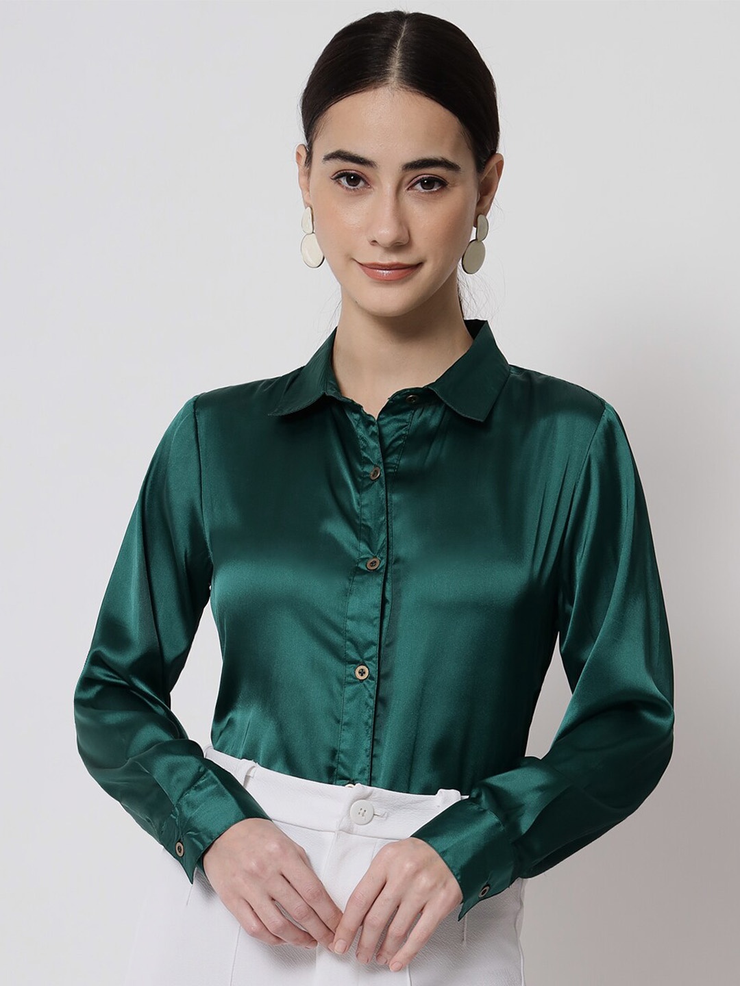 

CHARMGAL Classic Slim Fit Satin Casual Shirt, Green