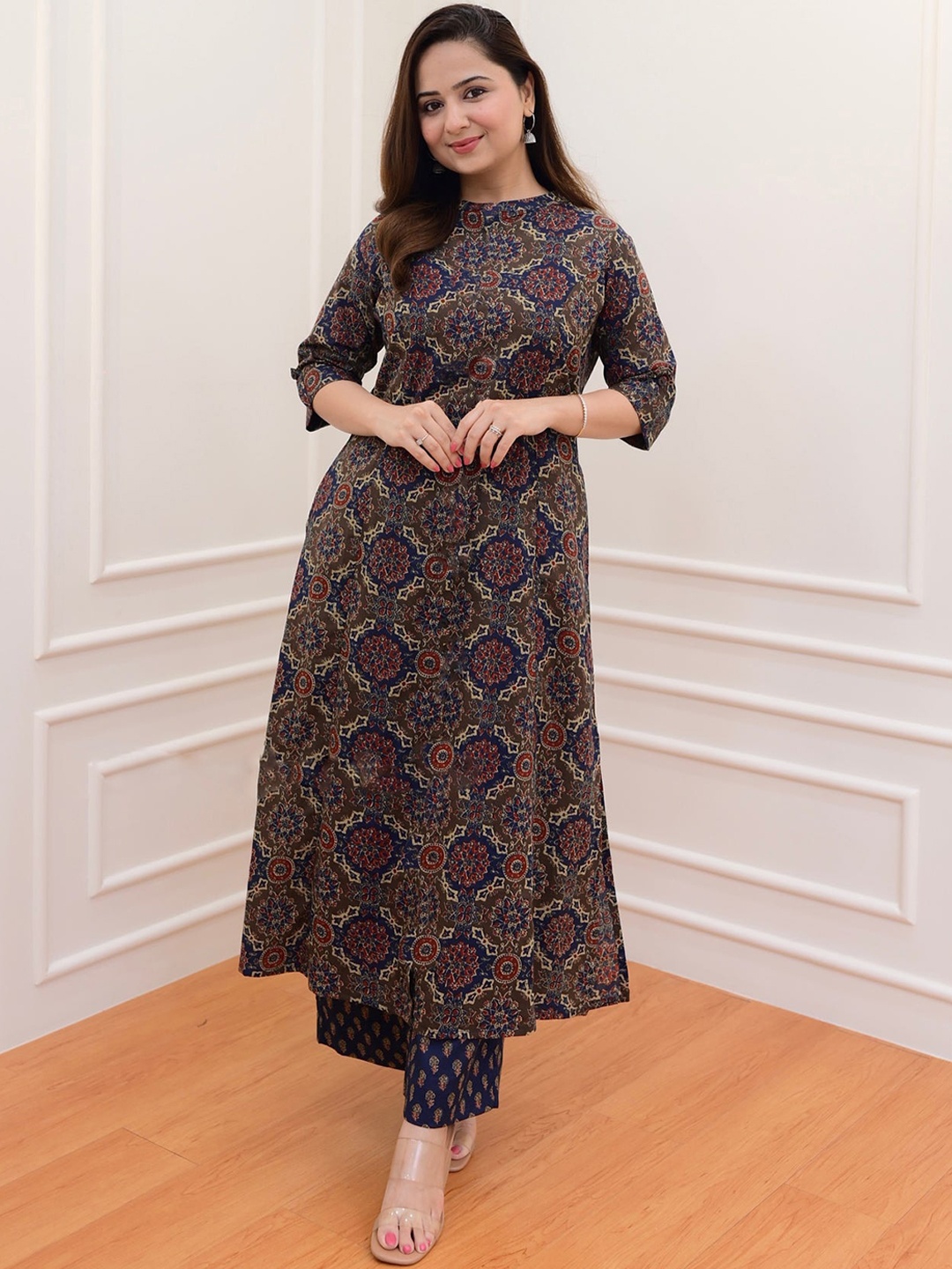 

KALINI Ethnic Motifs Printed Mandarin Collar A-Line Kurta With Palazzo, Blue