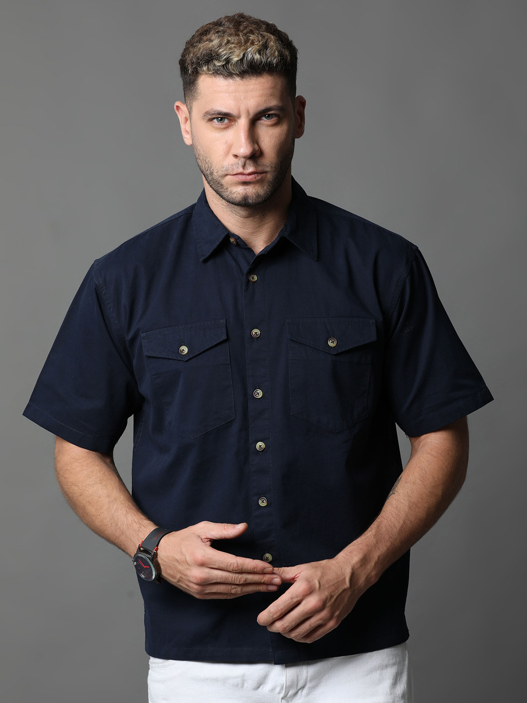 

Skewdeck Comfort Spread Collar Cotton Casual Shirt, Navy blue