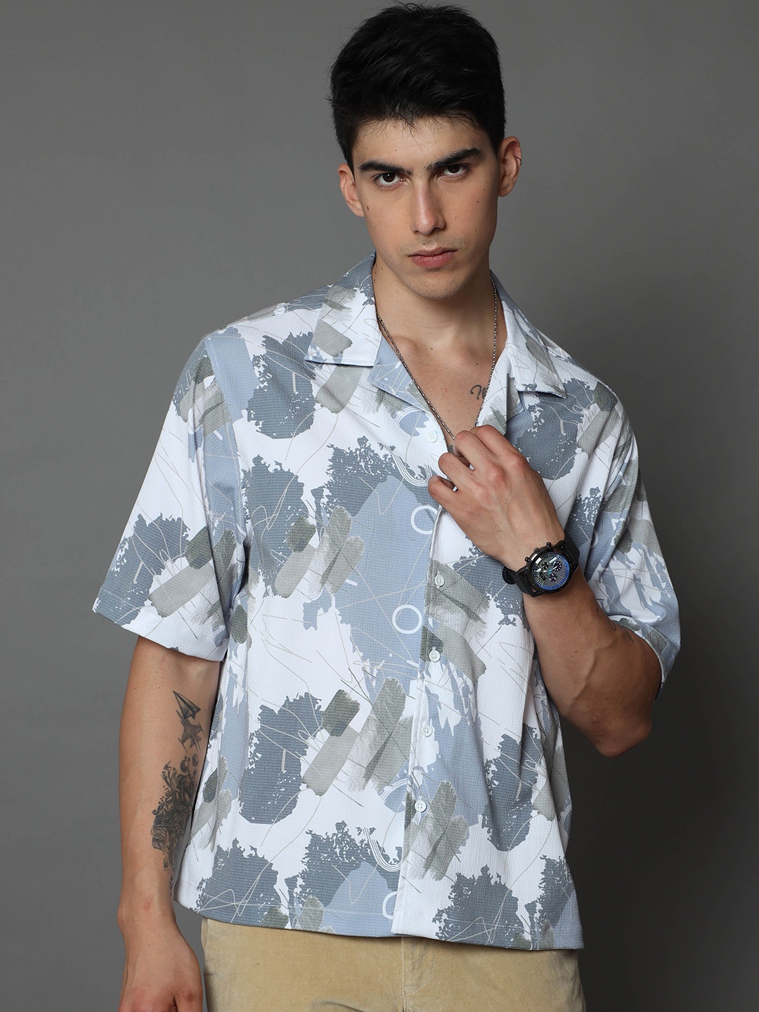 

Skewdeck Comfort Abstract Printed Cuban Collar Cotton Casual Shirt, White