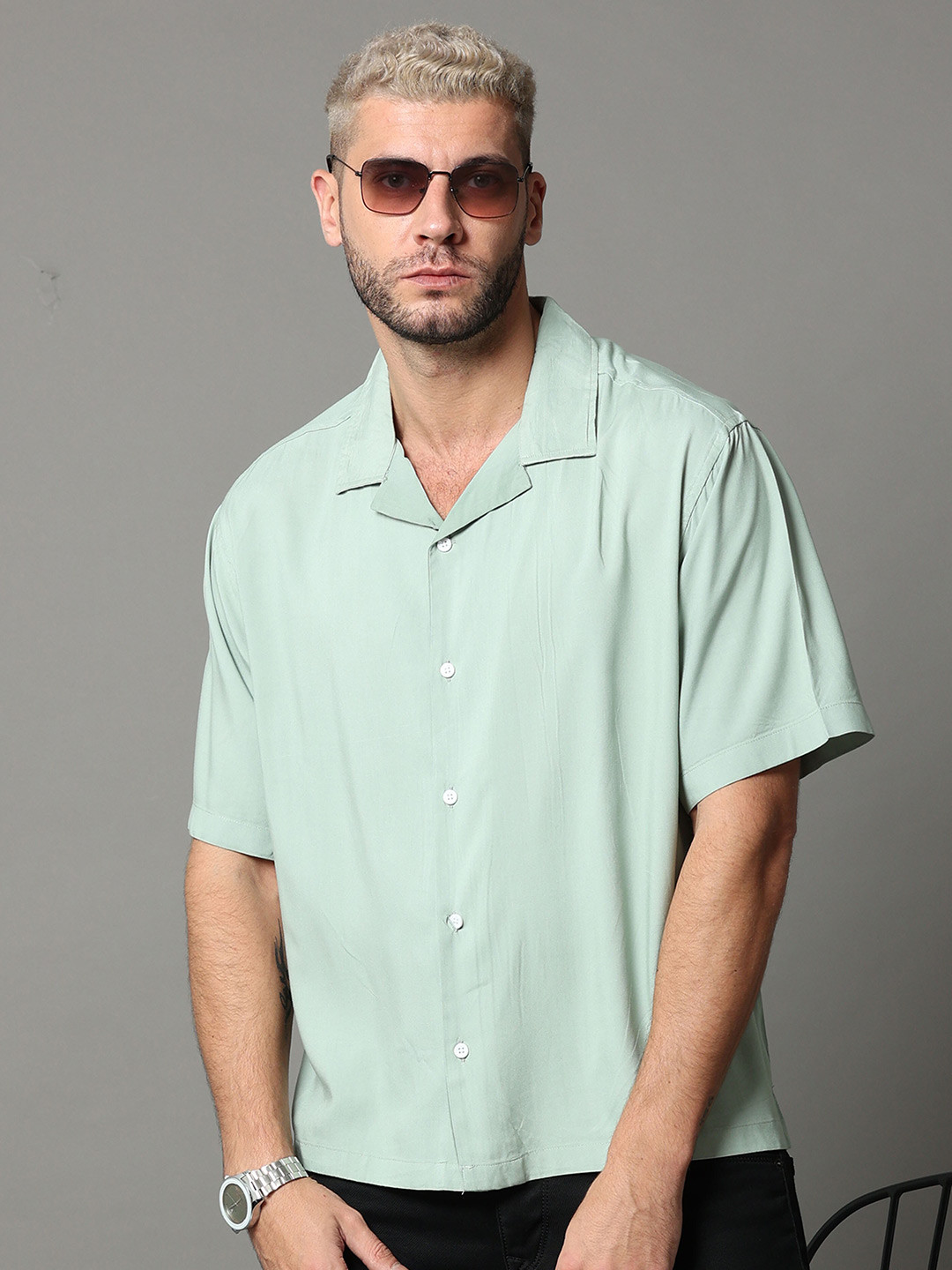 

Skewdeck Comfort Cuban Collar Cotton Casual Shirt, Green