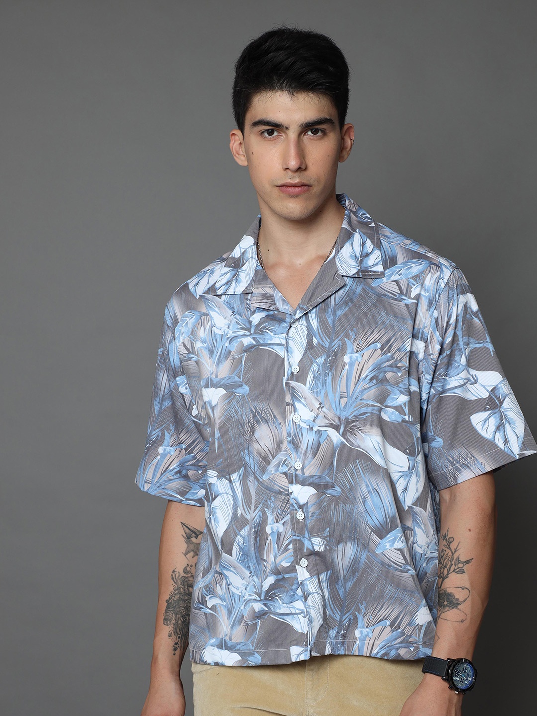 

Skewdeck Comfort Floral Printed Cotton Casual Shirt, Grey