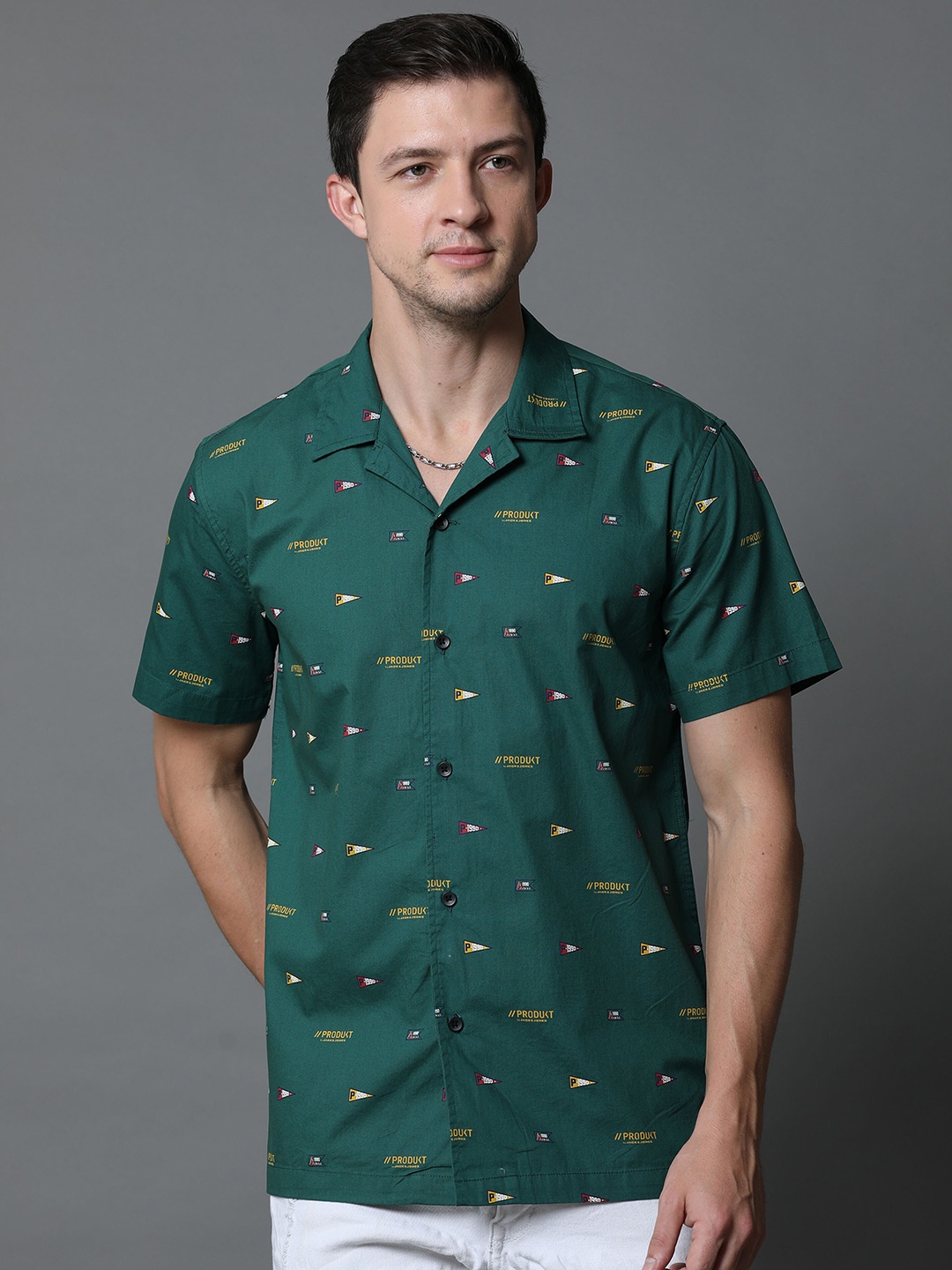 

Skewdeck Comfort Typography Printed Cuban Collar Cotton Casual Shirt, Green