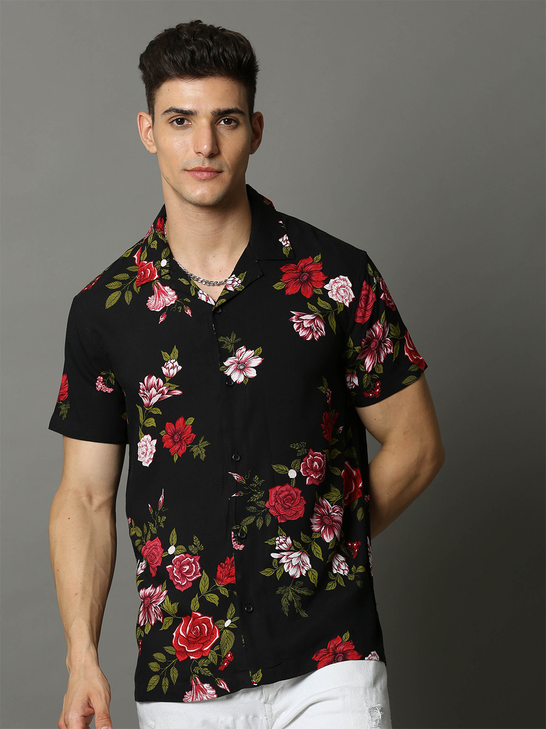 

Skewdeck Comfort Floral Printed Cuban Collar Cotton Casual Shirt, Black