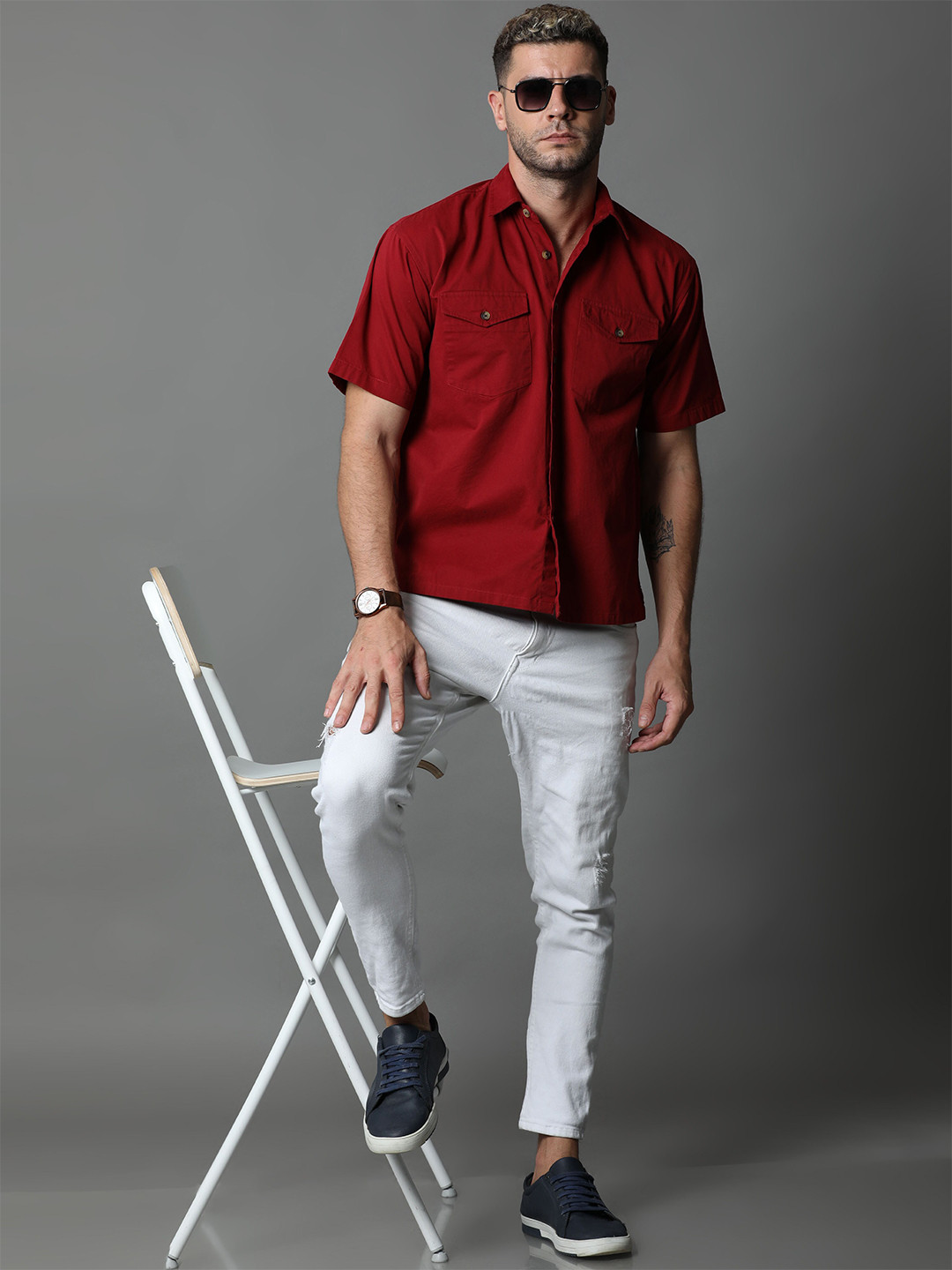 

Skewdeck Comfort Spread Collar Cotton Shirt, Red