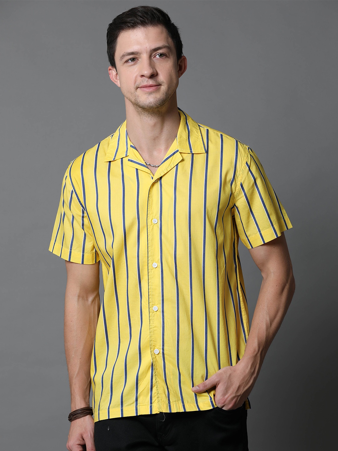 

Skewdeck Comfort Vertical Striped Cuban Collar Cotton Casual Shirt, Yellow