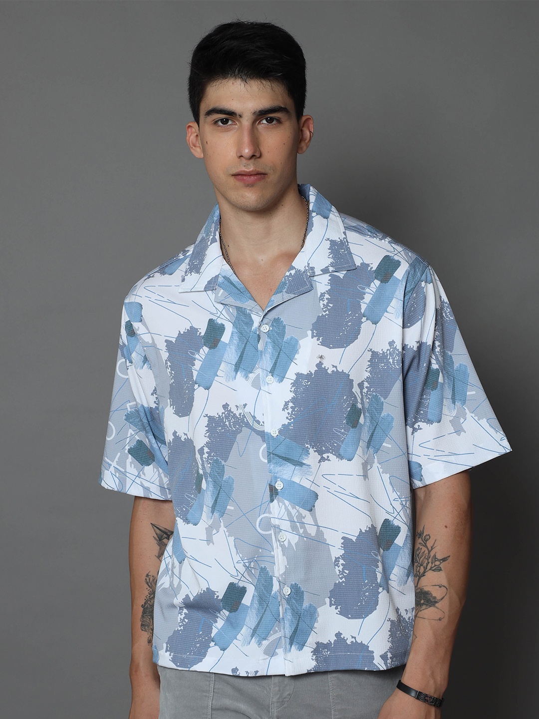 

Skewdeck Comfort Abstract Printed Cuban Collar Cotton Casual Shirt, White