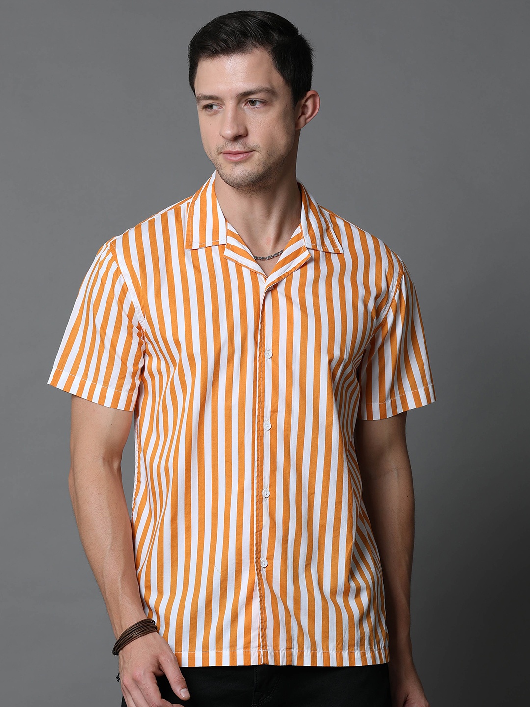 

Skewdeck Comfort Vertical Striped Cuban Collar Cotton Casual Shirt, Orange