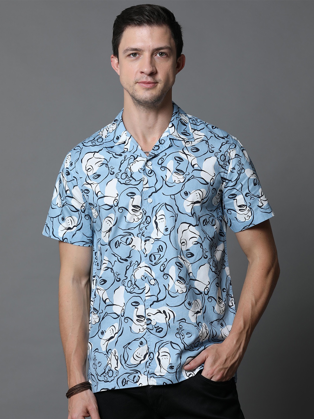 

Skewdeck Comfort Graphic Printed Cuban Collar Cotton Casual Shirt, Blue