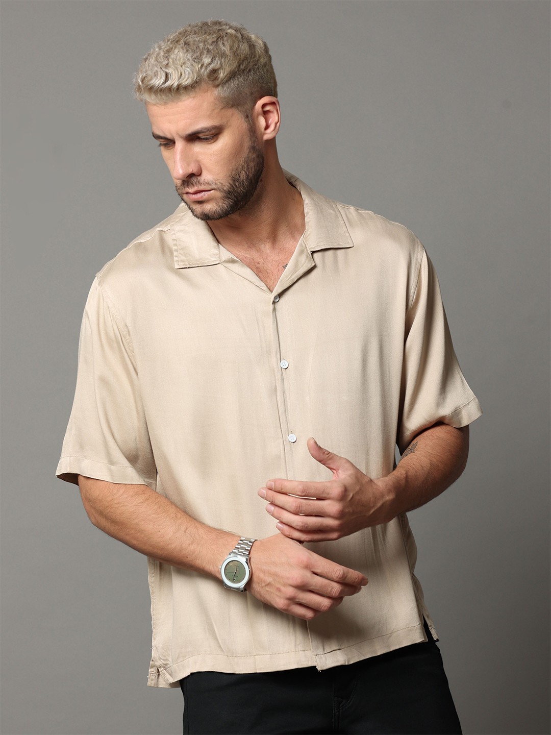 

Skewdeck Comfort Cuban Collar Cotton Casual Shirt, Beige