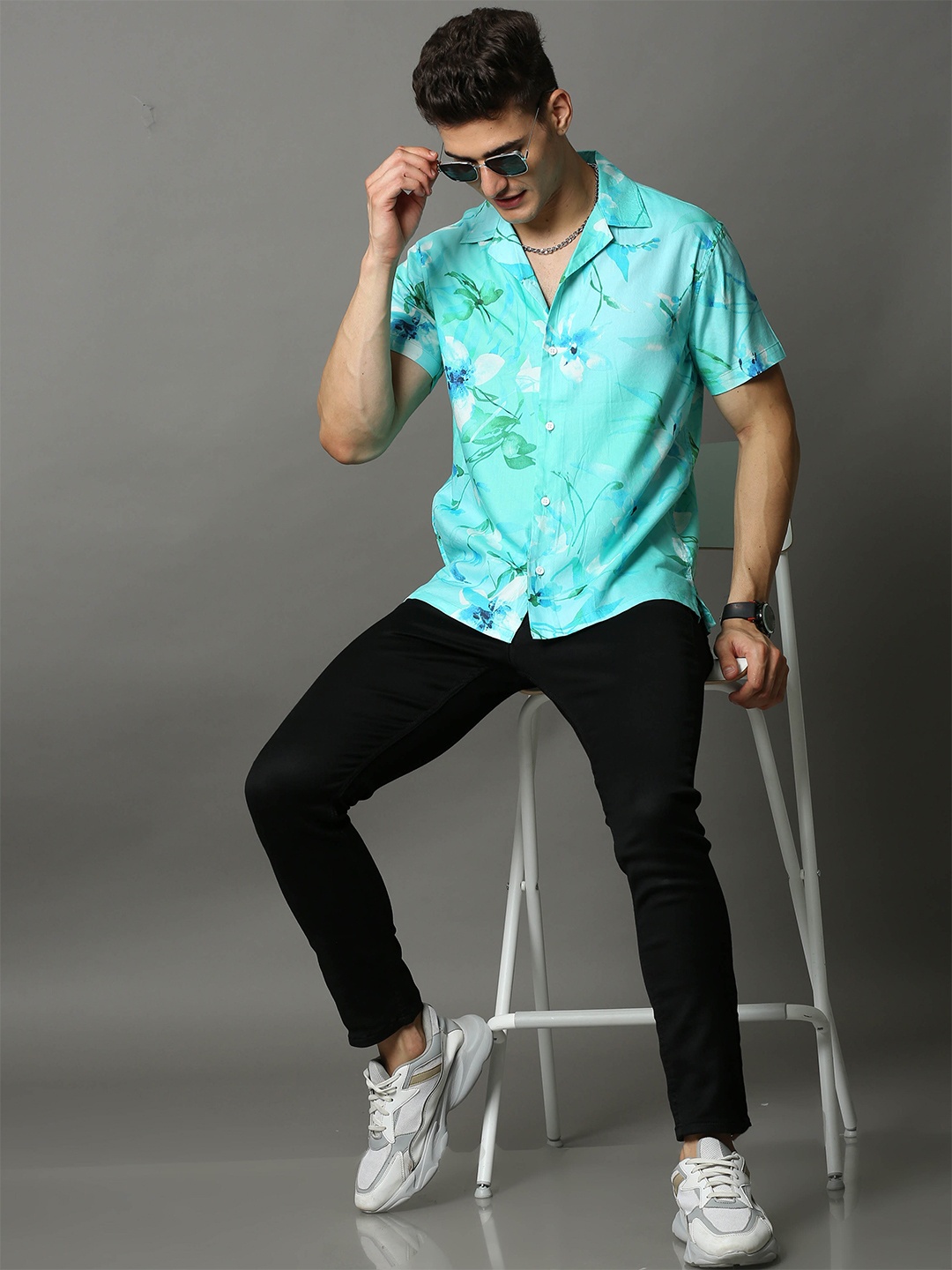 

Skewdeck Comfort Floral Printed Cuban Collar Cotton Casual Shirt, Turquoise blue