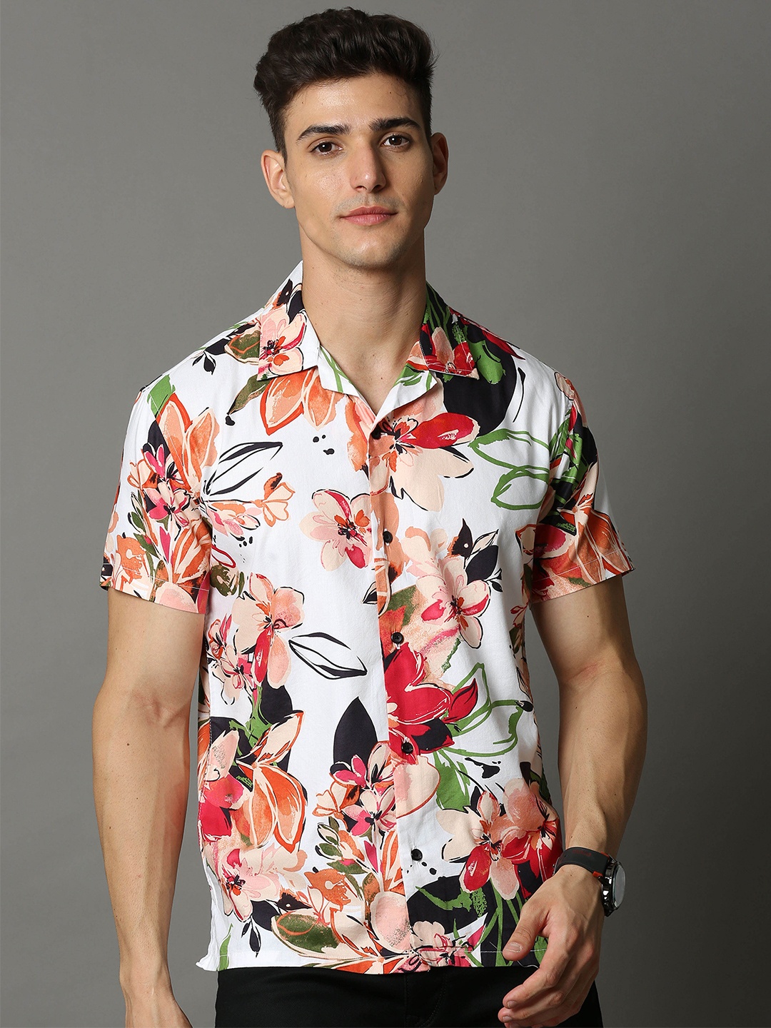 

Skewdeck Comfort Floral Printed Cotton Casual Shirt, White