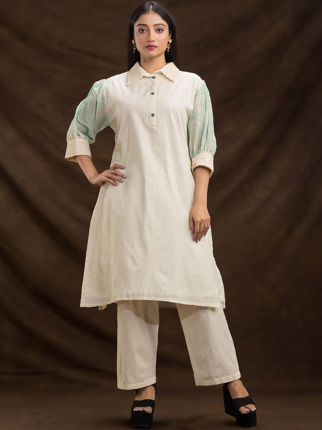 

SACRED SUTA Floral Embroidered Shirt Collar Sequinned Straight Kurta with Trousers, White