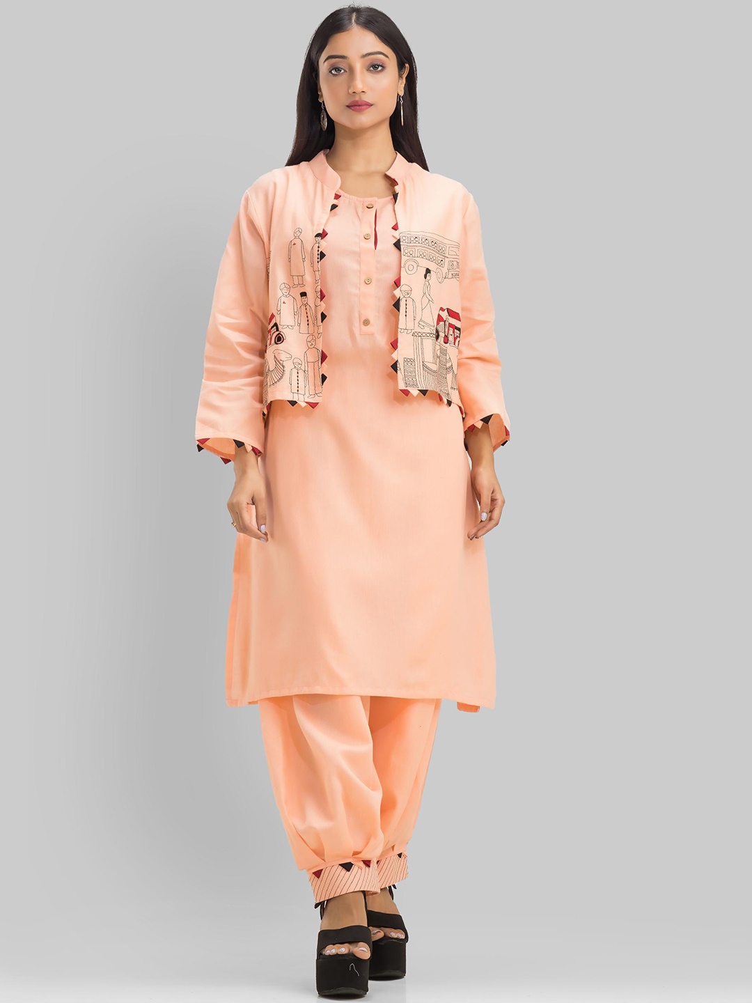 

SACRED SUTA Round Neck Straight Kurta with Salwar With Jacket, Peach