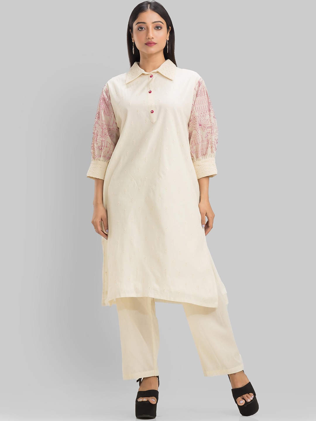 SACRED SUTA Floral Embroidered Regular Thread Work Silk Crepe Kurta with Trousers, White