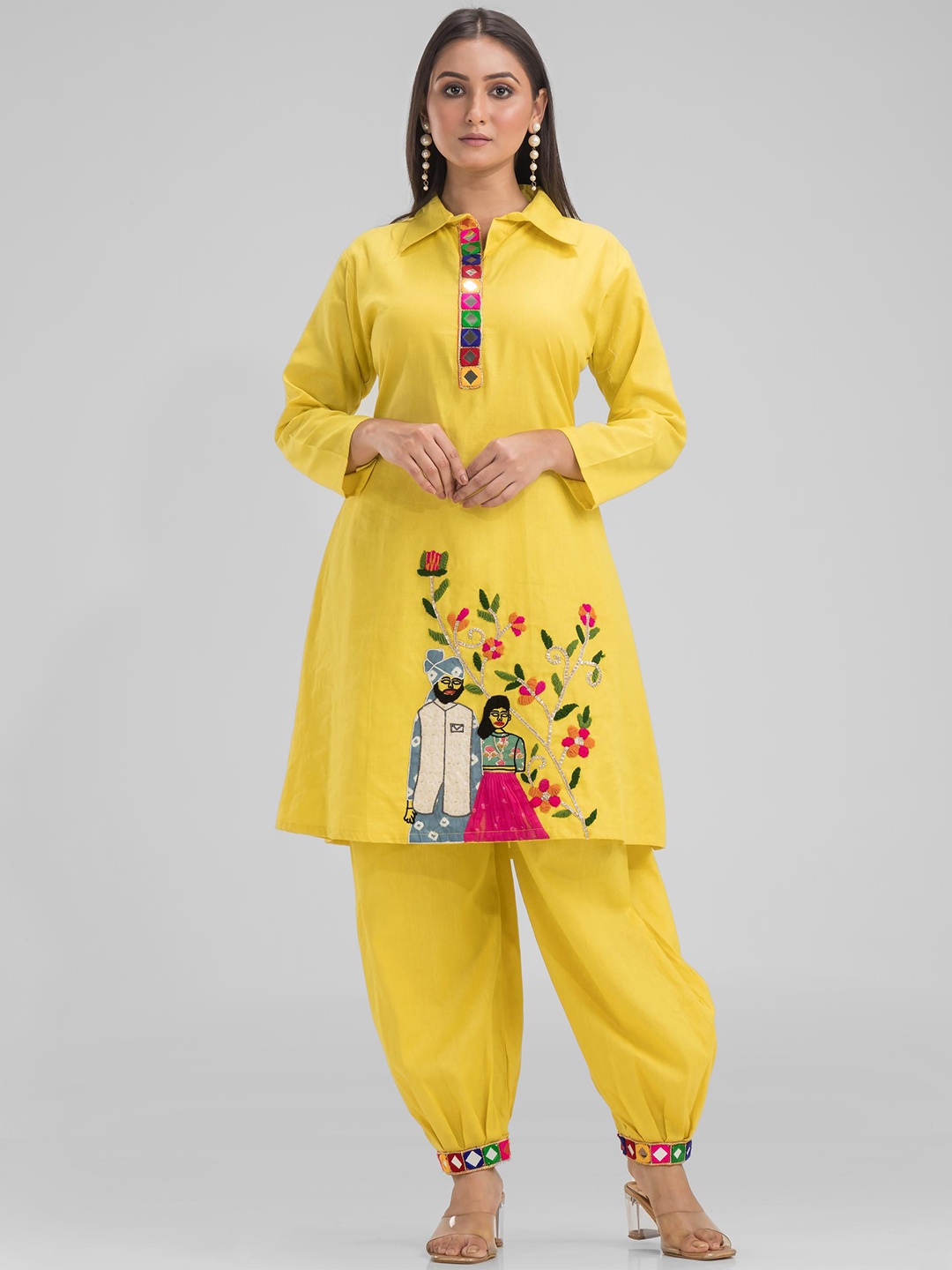 

SACRED SUTA Floral Embroidered Shirt Collar Sequinned Straight Kurta with Salwar, Yellow