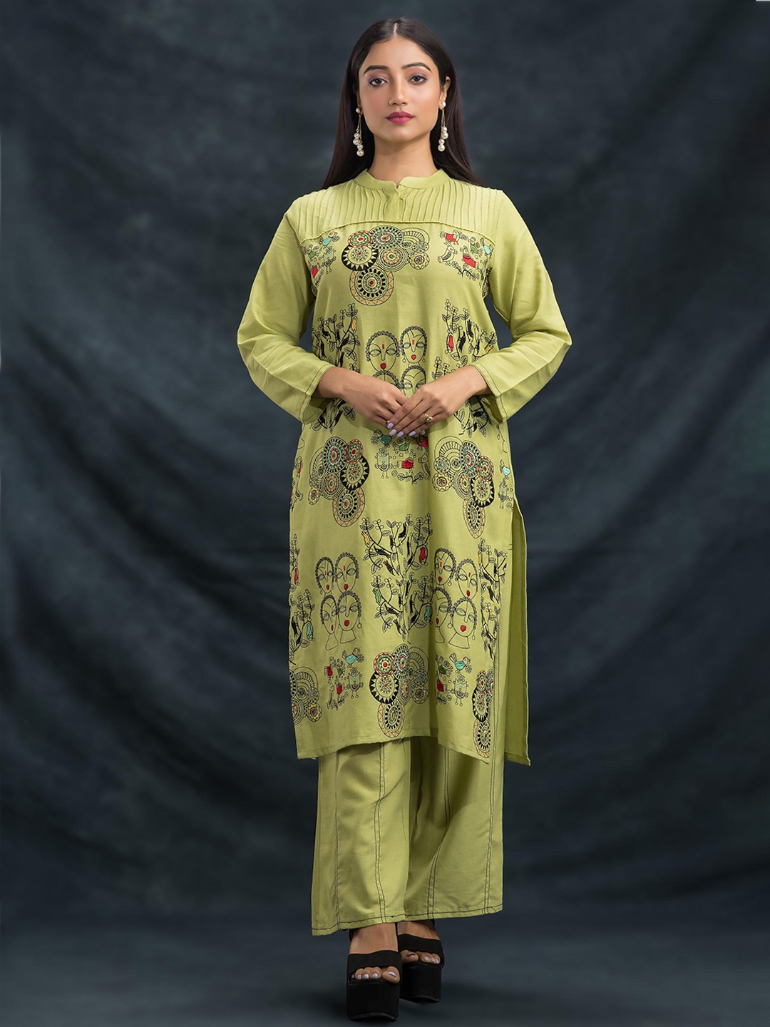 

SACRED SUTA Ethnic Motifs Mandarin Collar Straight Kurta with Salwar, Green