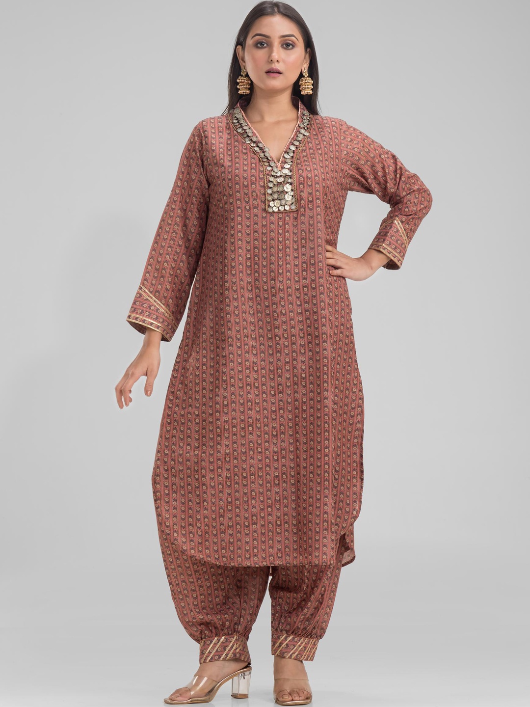 

SACRED SUTA Ethnic Motifs Printed V Neck Regular Gotta Patti Silk Crepe Kurta with Salwar, Rust