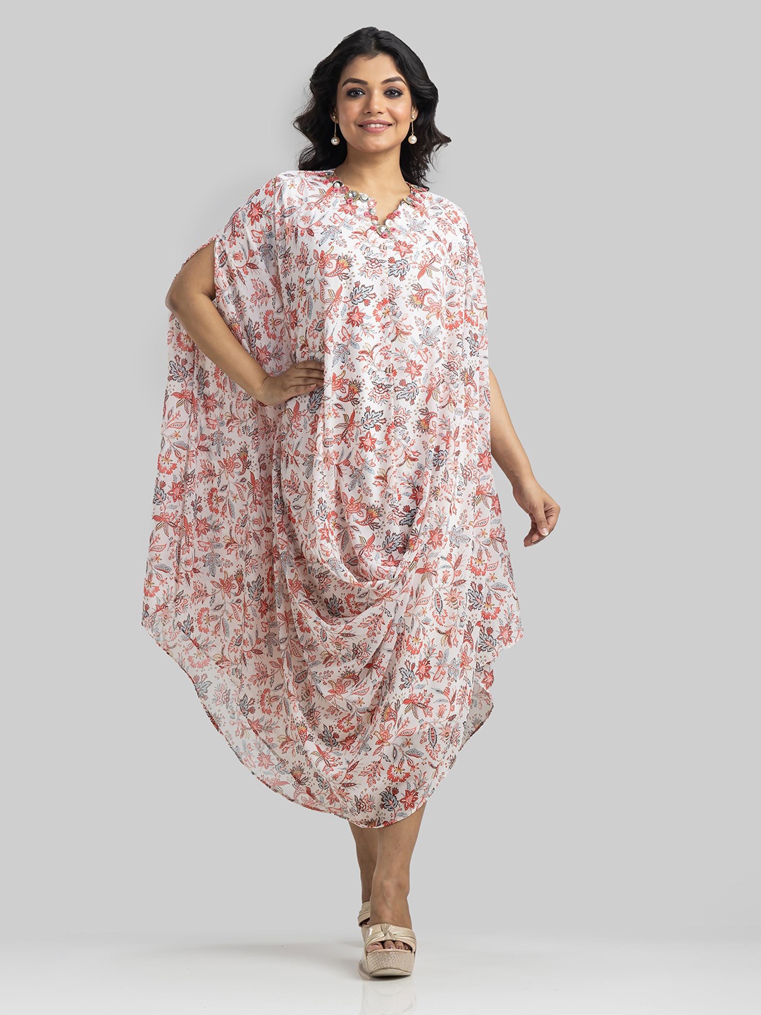 

SACRED SUTA Floral Printed Georgette Cowl Drape Midi Dress, White