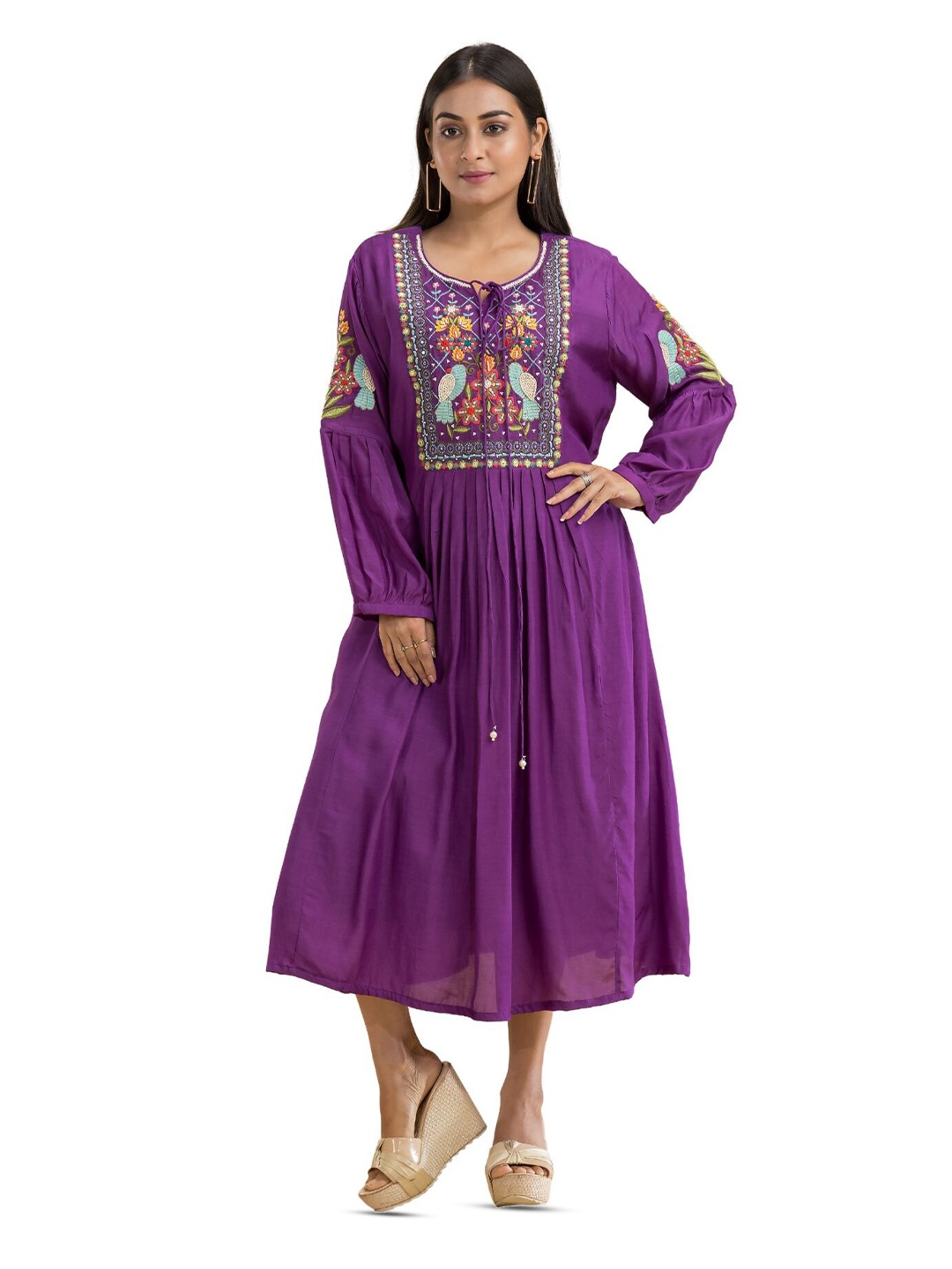 

SACRED SUTA Yoke Design Embroidered Balloon Sleeves A-Line Midi Dress, Purple