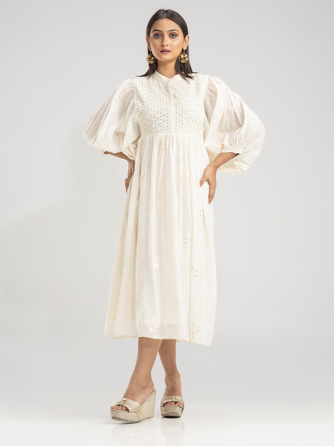 

SACRED SUTA Puff Sleeve Cotton A-Line Midi Dress, White