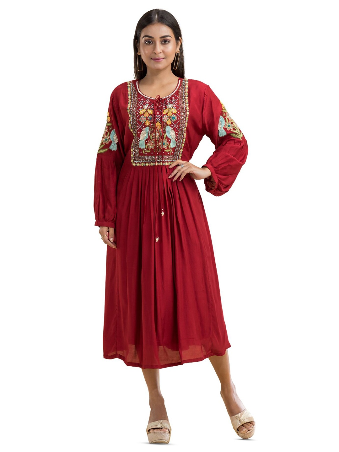 

SACRED SUTA Fit & Flare Silk Midi Dress, Red