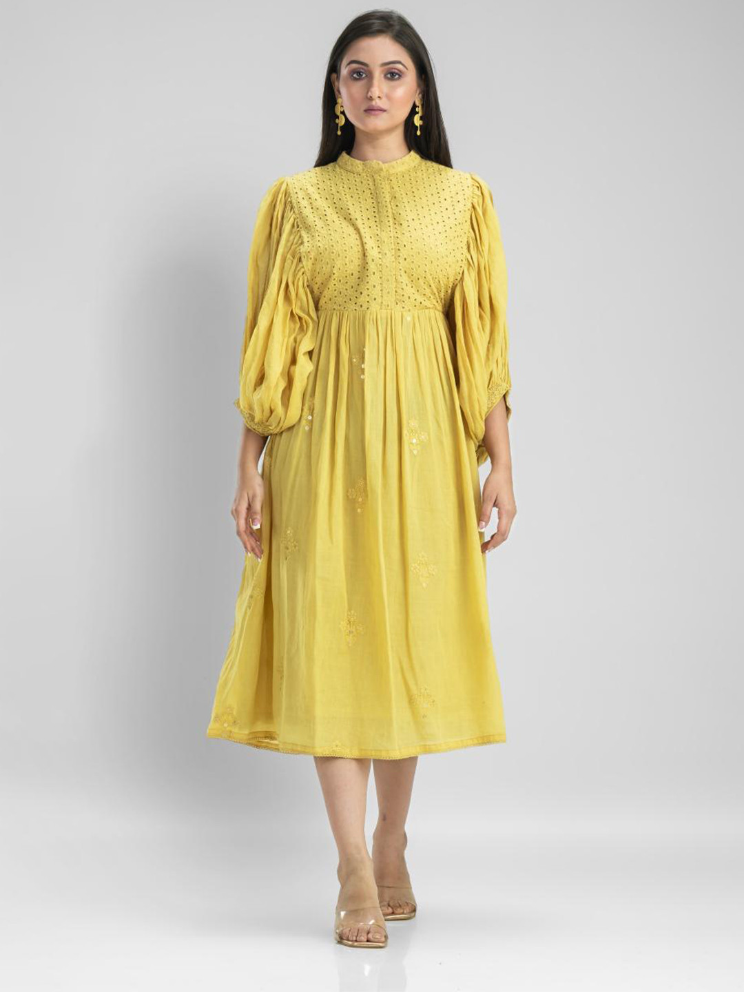

SACRED SUTA Puff Sleeve Cotton A-Line Midi Dress, Yellow