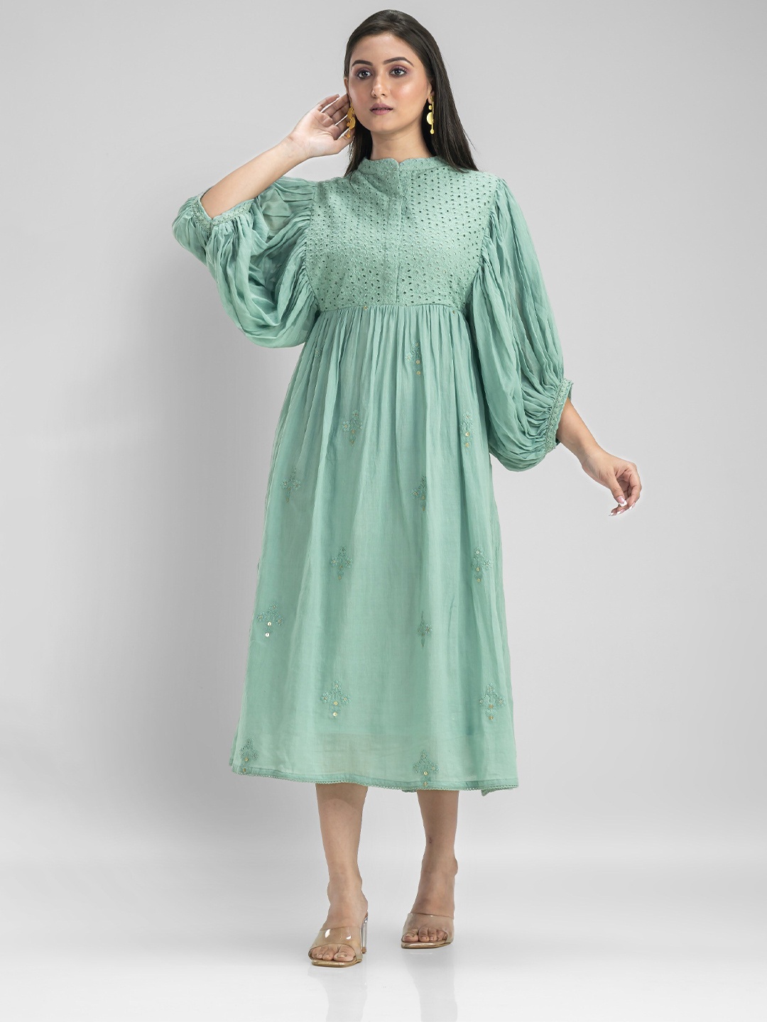

SACRED SUTA Embellished Puff Sleeve Cotton Fit & Flare Midi Dress, Green