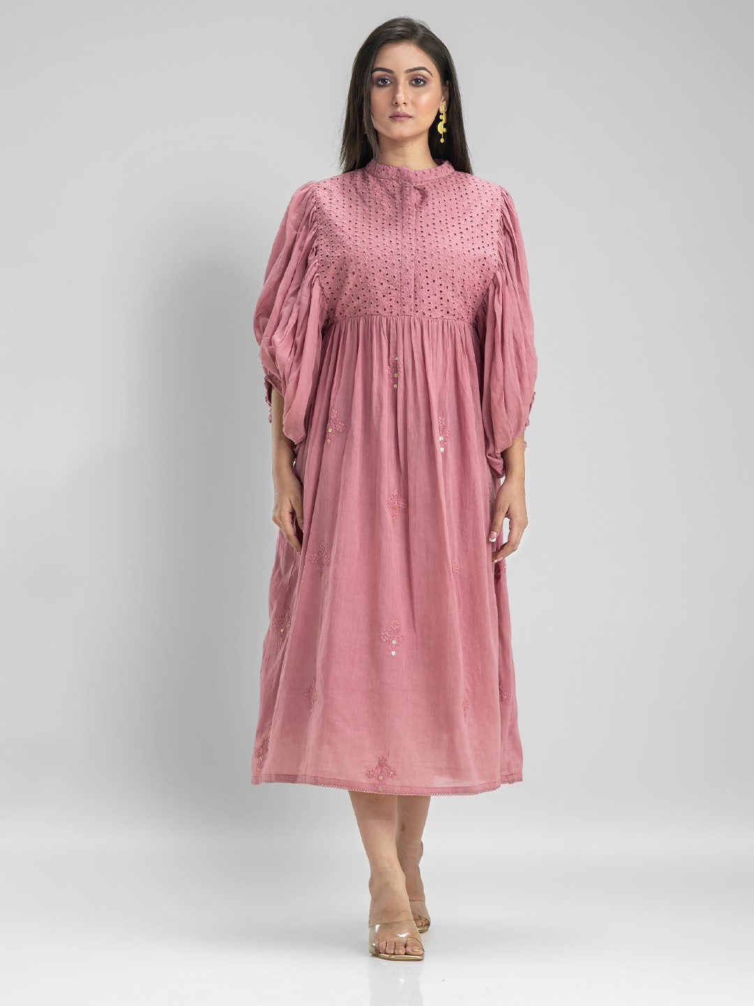 

SACRED SUTA Puff Sleeve Cotton Fit & Flare Midi Dress, Pink