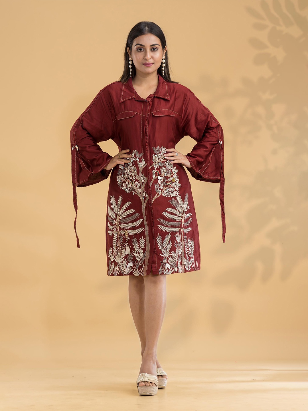 

SACRED SUTA Ethnic Motifs Print Cotton A-Line Dress, Red