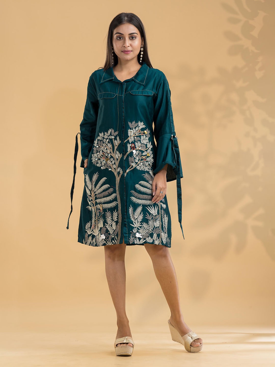 

SACRED SUTA Ethnic Motifs Print Tie-Up Neck Bell Sleeve Cotton A-Line Dress, Turquoise blue