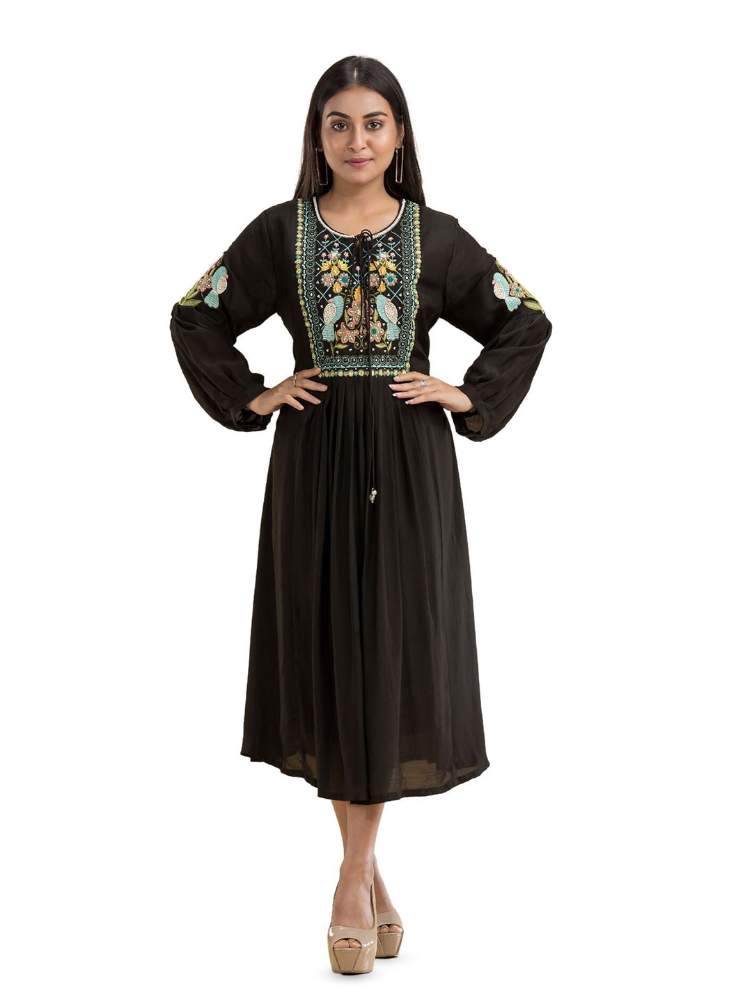 

SACRED SUTA Floral Silk A-Line Midi Dress, Black