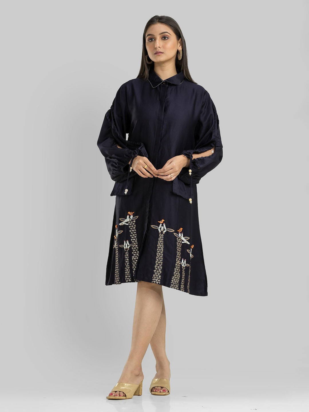 

SACRED SUTA Embroidered Shirt Collar Satin Shirt Dress, Blue