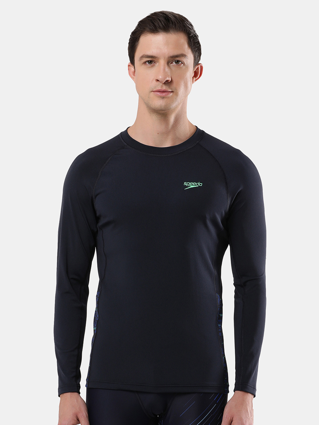 

Speedo Brand Logo Printed Round Neck Long Sleeve Sun Protection Swim T-shirt, Navy blue