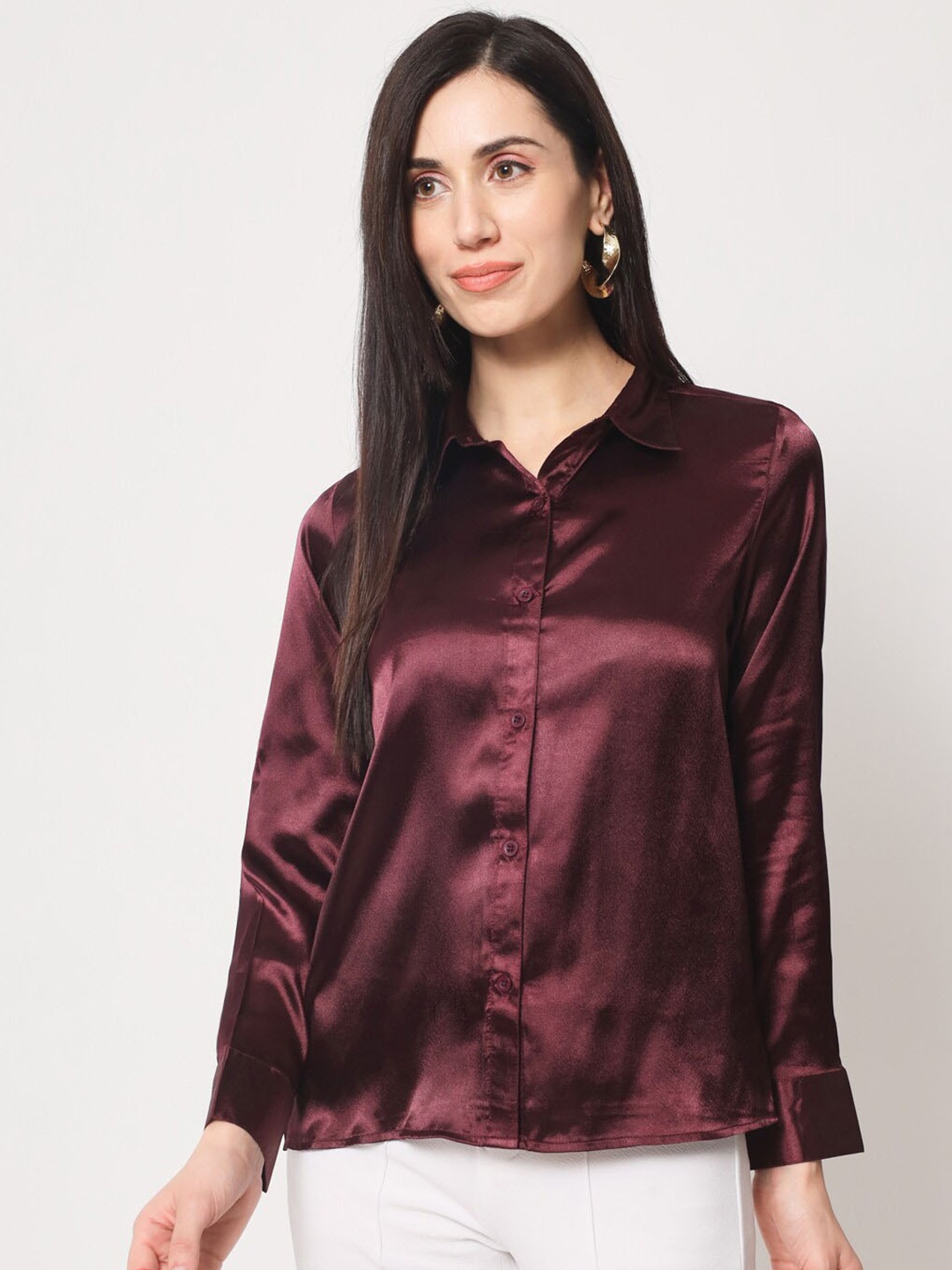 

CHARMGAL Classic Slim Fit Satin Casual Shirt, Maroon