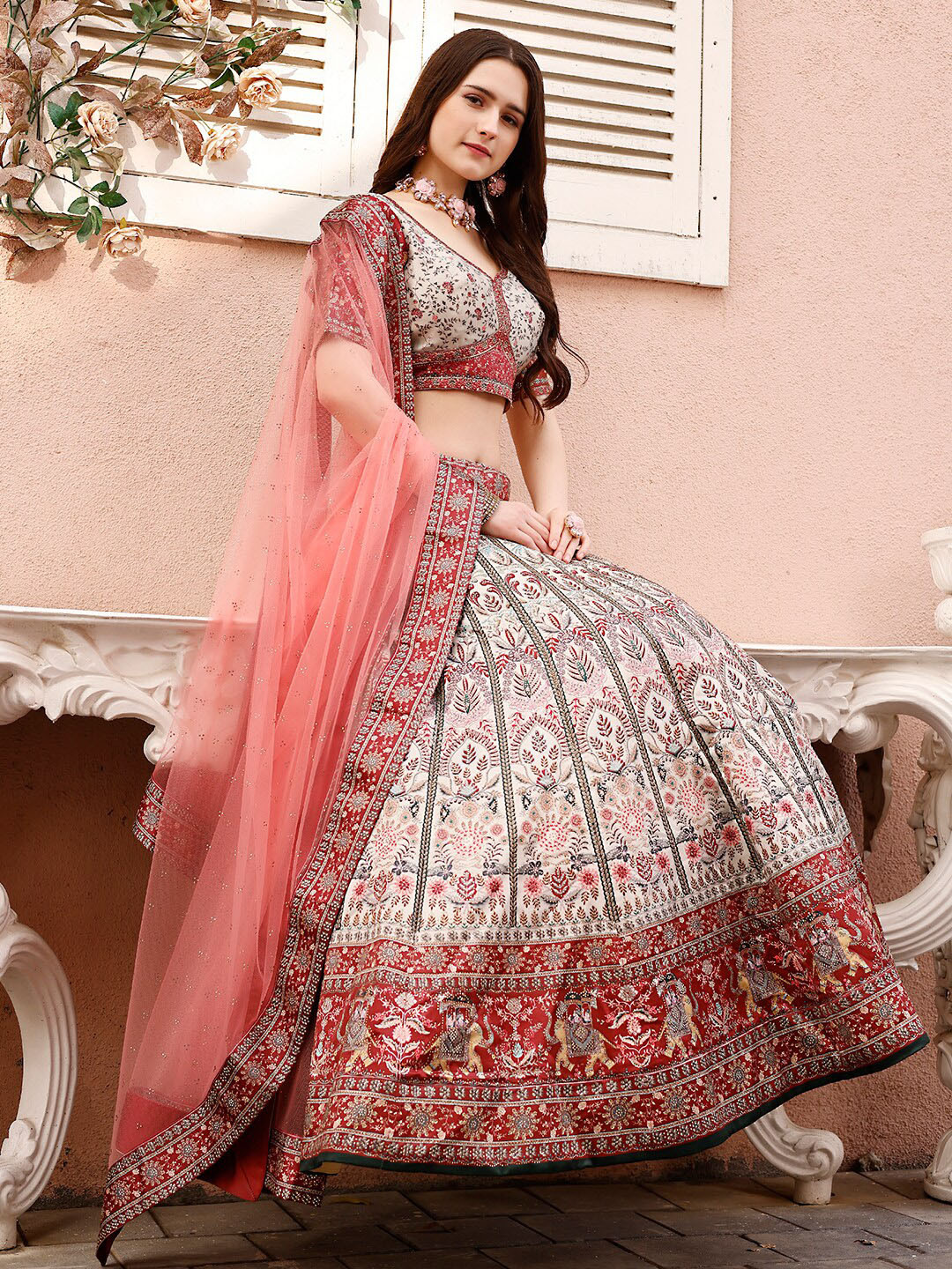 

SAPTRANGI Printed Ready to Wear Lehenga & Blouse With Dupatta, White