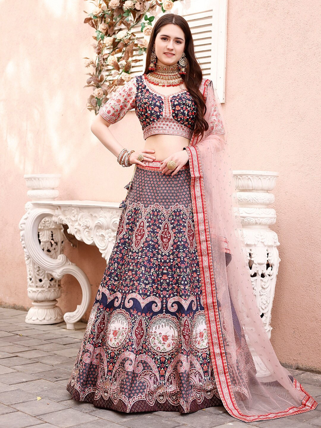 

SAPTRANGI Printed Ready to Wear Lehenga & Blouse With Dupatta, Blue